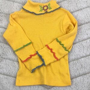 Vintage Toddler Turtleneck Flower Embroidery Groovy Yellow 2T